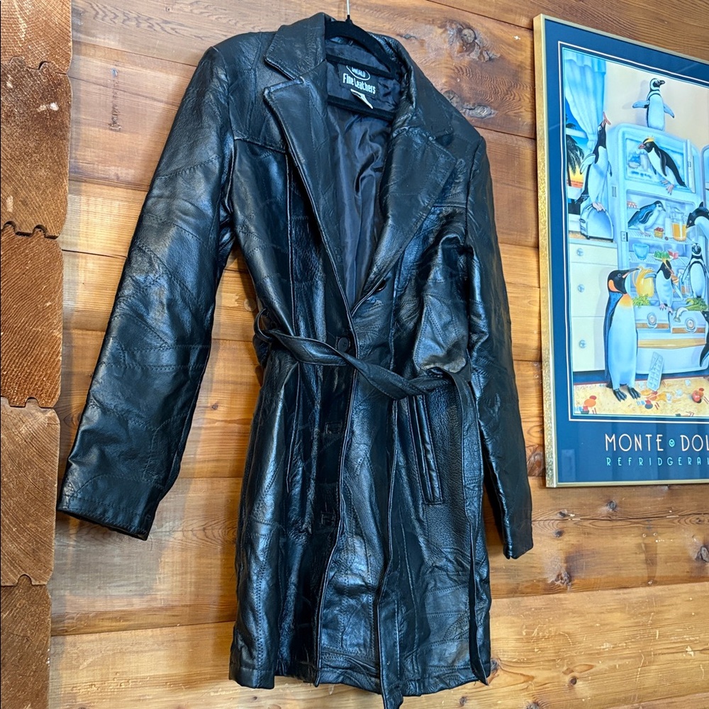 LeWorld Black Leather Belted Trench Coat Patchwork Jacket Women's M